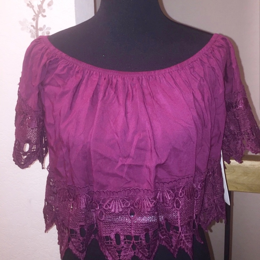 Off The Shoulder Crochet Lace Trim Crop Top Burgundy Boho Short Sleeve
